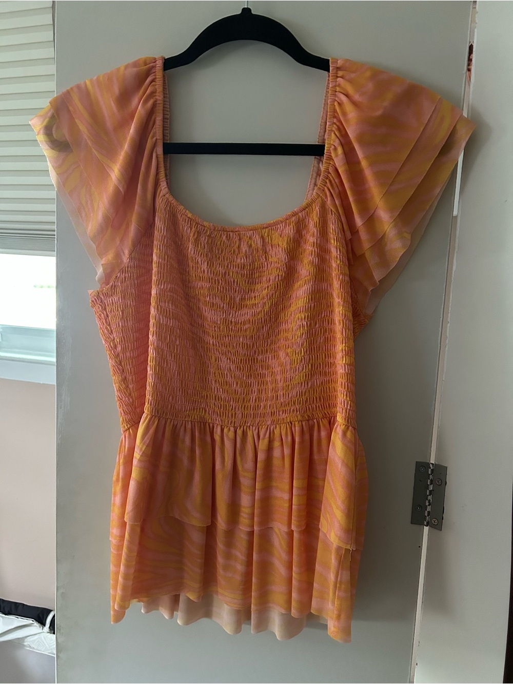 DR2 Pink and Orange Smocked Peplum Flutter Sleeve Tunic